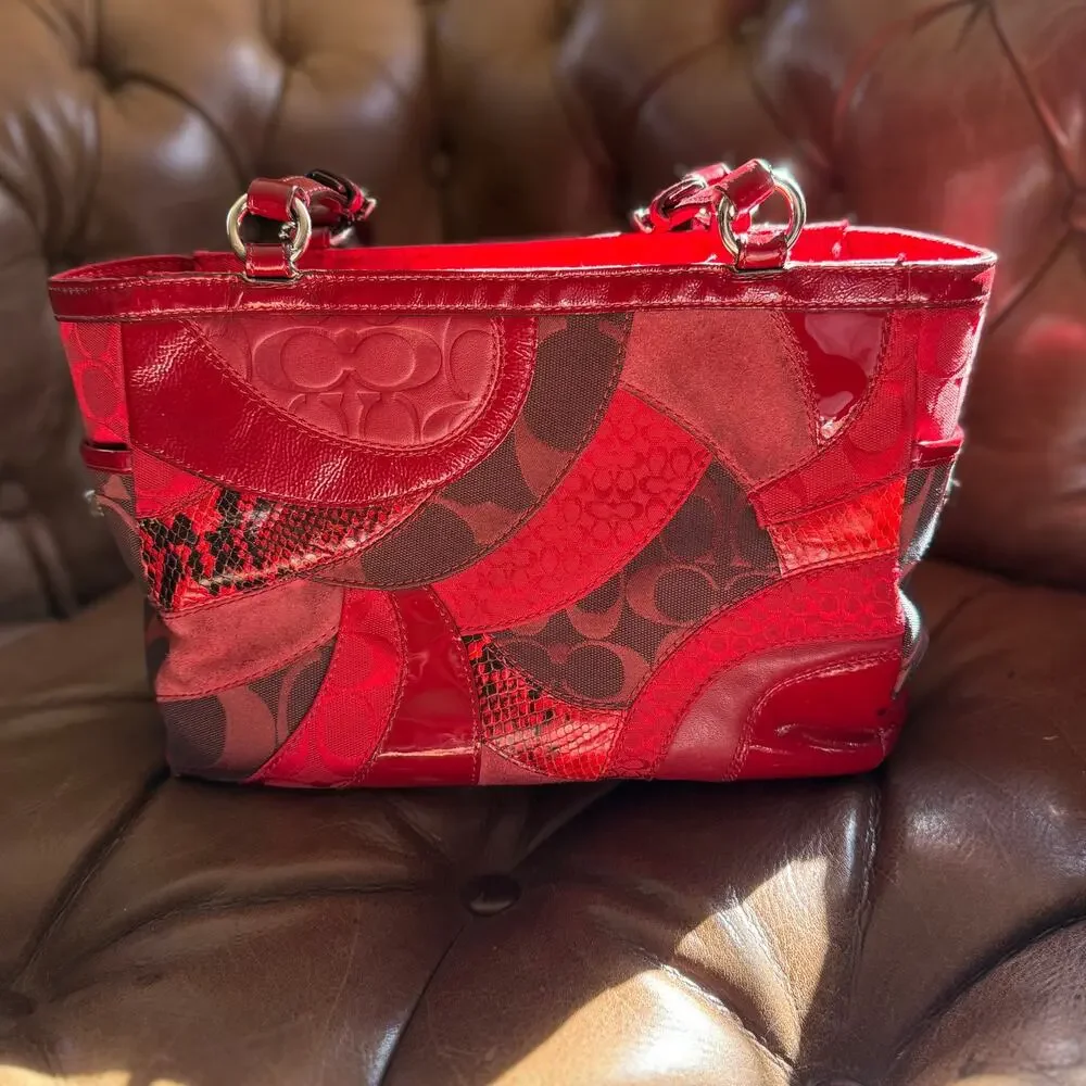 Coach Patchwork Gallery Tote Red Signature Multi-Material Bag F14004